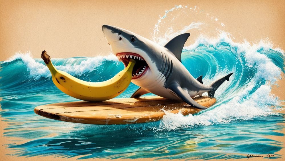 Als je een keer een plaatje van een haai op een surfplank nodig hebt, terwijl die haai een banaan eet, mag je dit plaatje gebruiken van mij