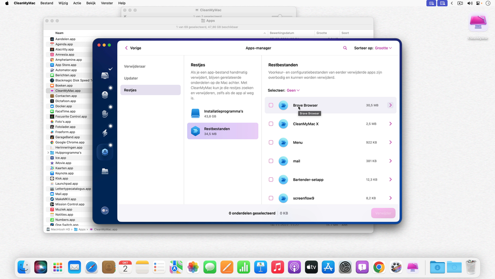Wanneer je programma’s handmatig verwijdert kunnen ze restjes achterlaten, die CleanMyMac hier kan opruimen