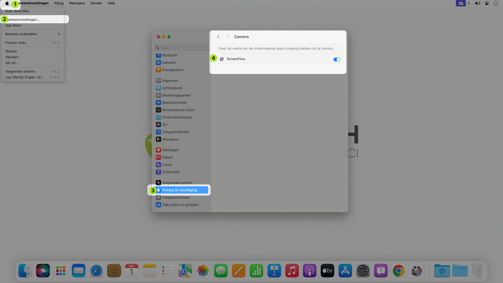 Controleer zelf welke apps bijvoorbeeld toegang hebben tot je camera, hier alleen ScreenFlow