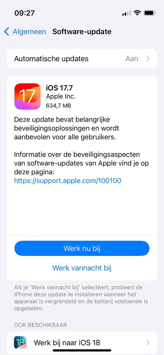 iOS 17.7 wordt eerder genoemd dan iOS 18