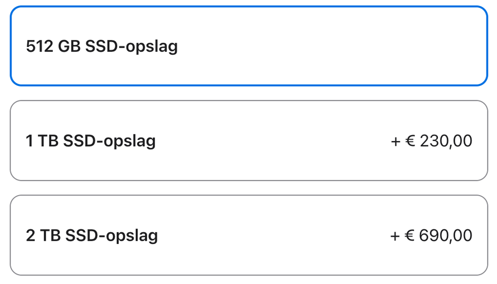 Apple rekent op dit model 230 euro voor 512GB extra (een totaal van 1TB), terwijl een externe SSD van 1TB ongeveer 100 euro kost en je 1TB extra (een totaal van 1,5TB) oplevert