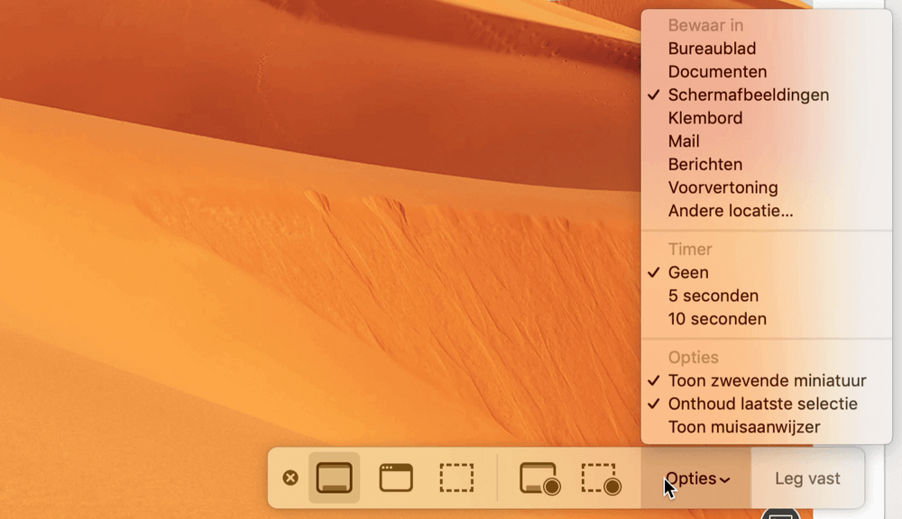 Wanneer je de toetsencombinatie cmd (⌘) + shift (⇧) + 5 gebruikt krijg je meerdere opties om je schermafbeelding te maken