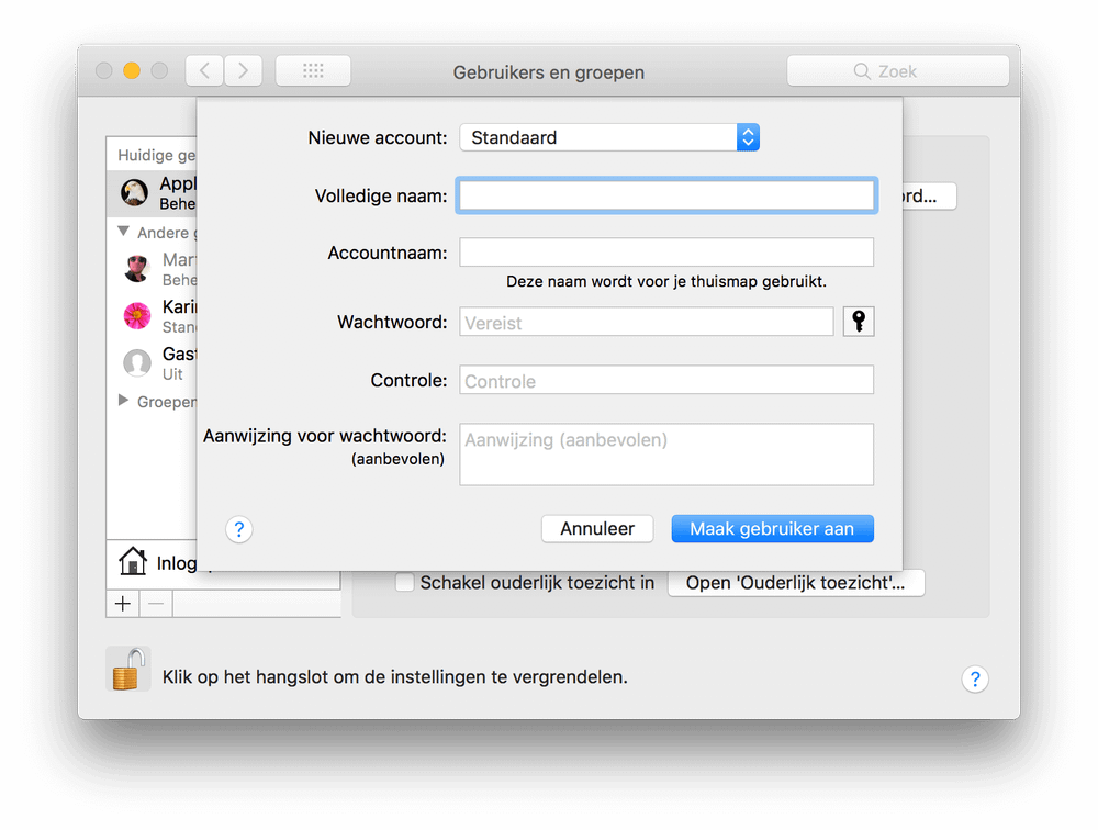 Gegevens invullen bij het aanmaken van een nieuwe Mac gebruiker