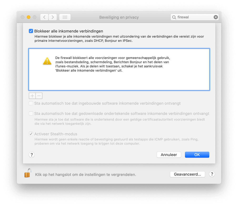 Blokkeer je alle inkomende verbinden met je Mac firewall? Dan zal AirDrop ook niet werken.
