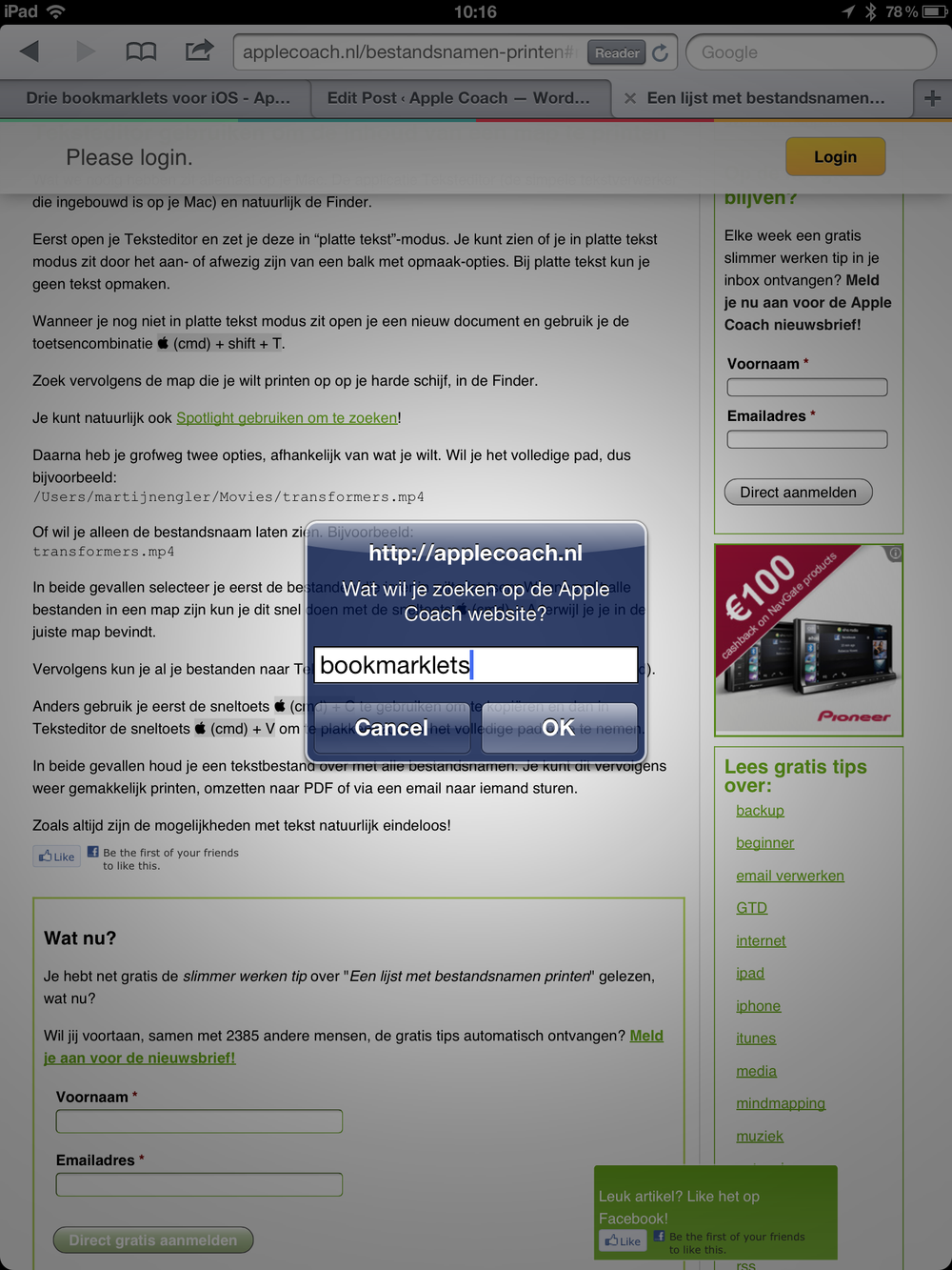 iOS bookmarklet: Apple Coach doorzoeken