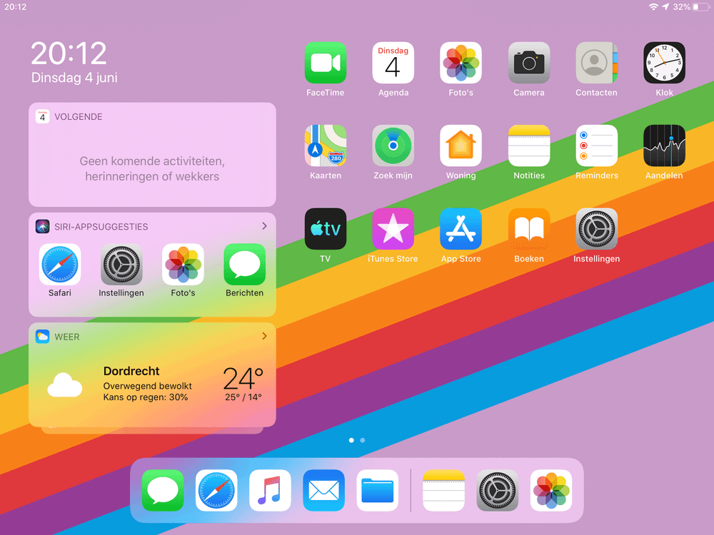 Het vernieuwde thuisscherm van iPadOS 13 met de widgets aan de linkerkant