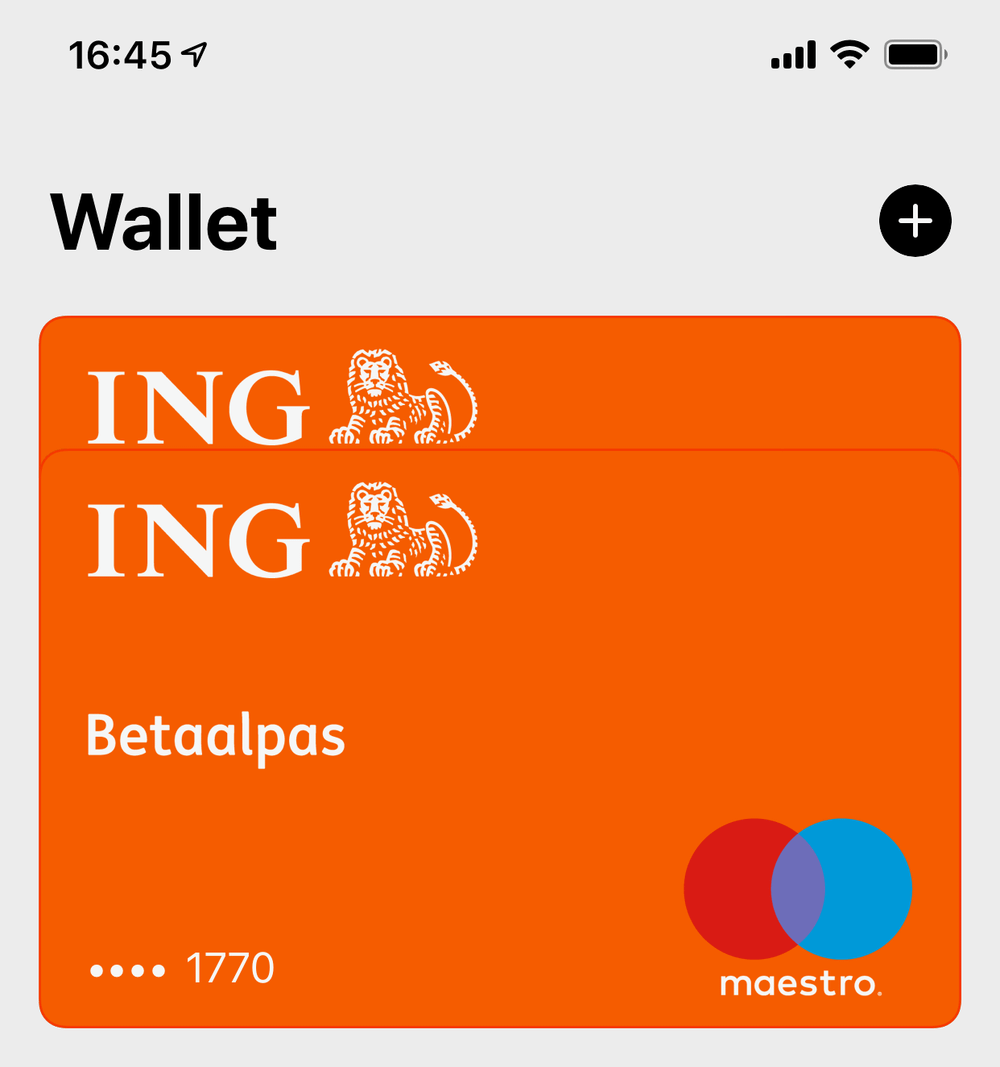 Twee ING-passen overlappen elkaar in de Wallet-app